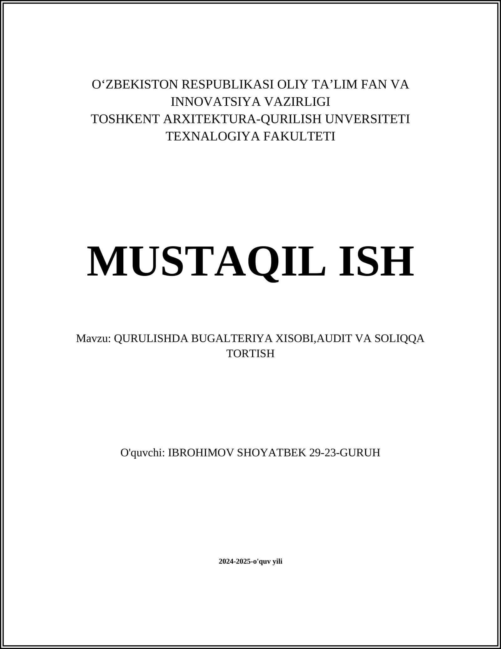 QURULISHDA BUGALTERIYA XISOBI,AUDIT VA SOLIQQA TORTISH