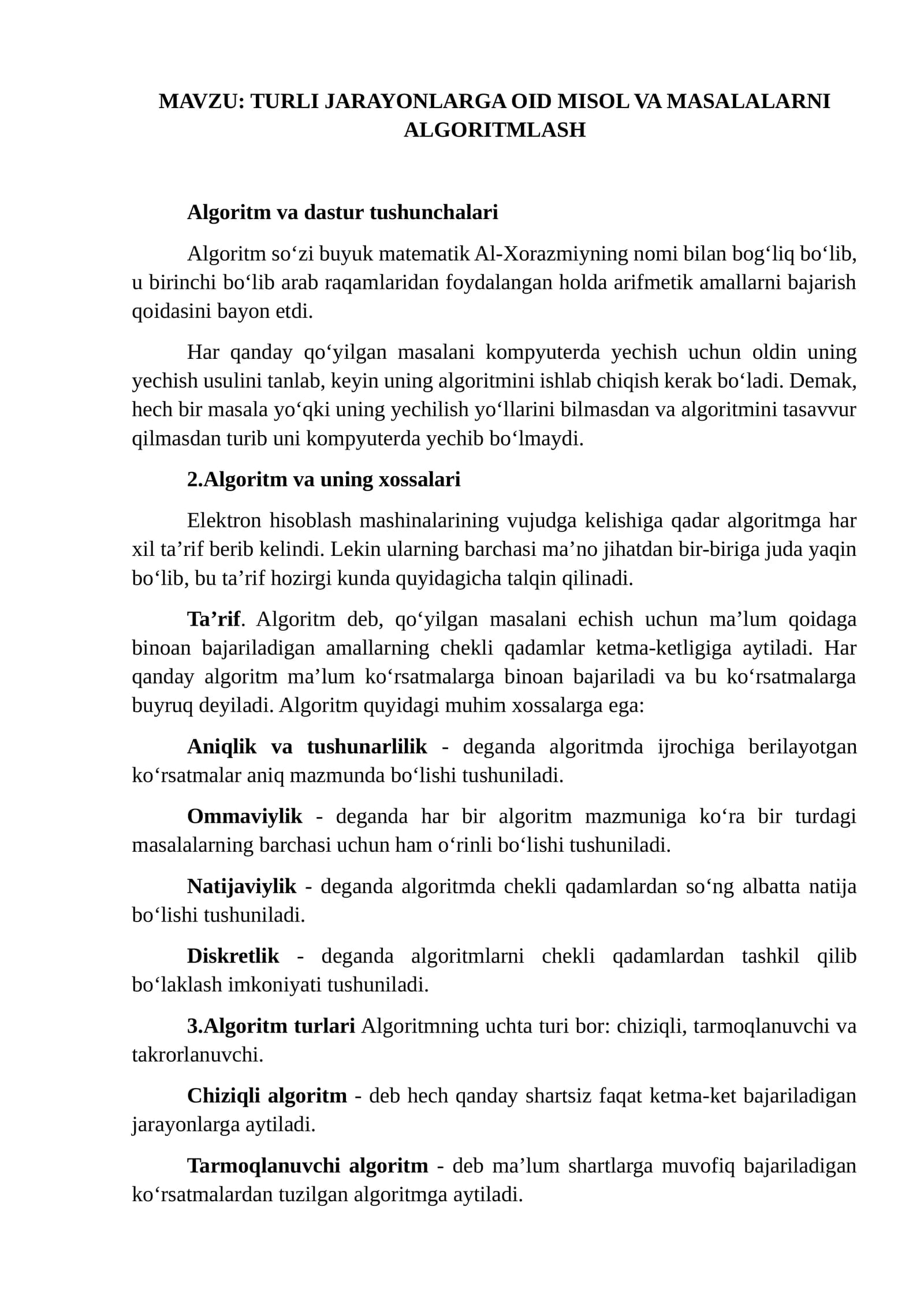 TURLI JARAYONLARGA OID MISOL VA MASALALARNI ALGORITMLASH
