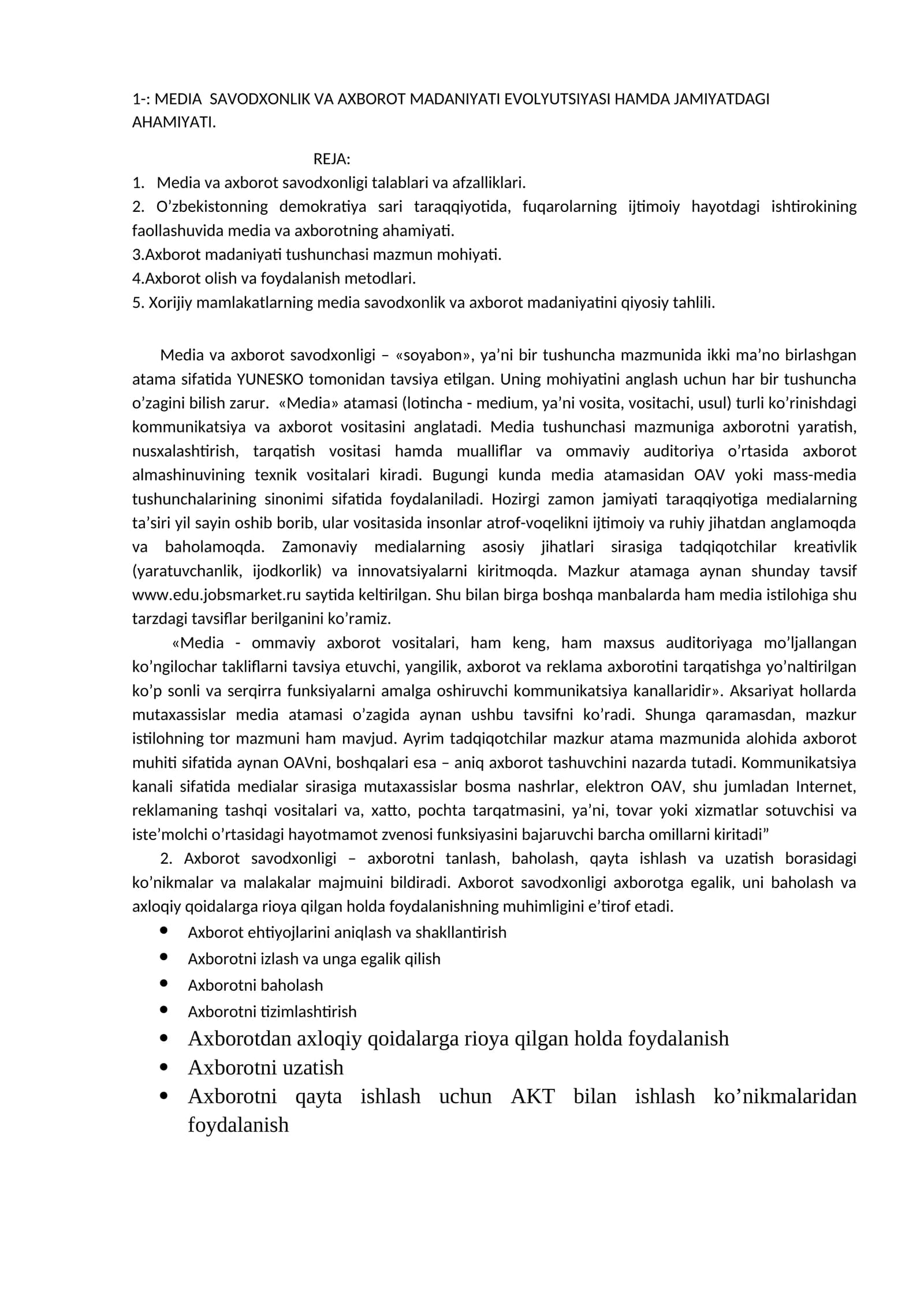 MEDIA SAVODXONLIK VA AXBOROT MADANIYATI EVОLYUTSIYASI HAMDA JAMIYATDAGI AHAMIYATI