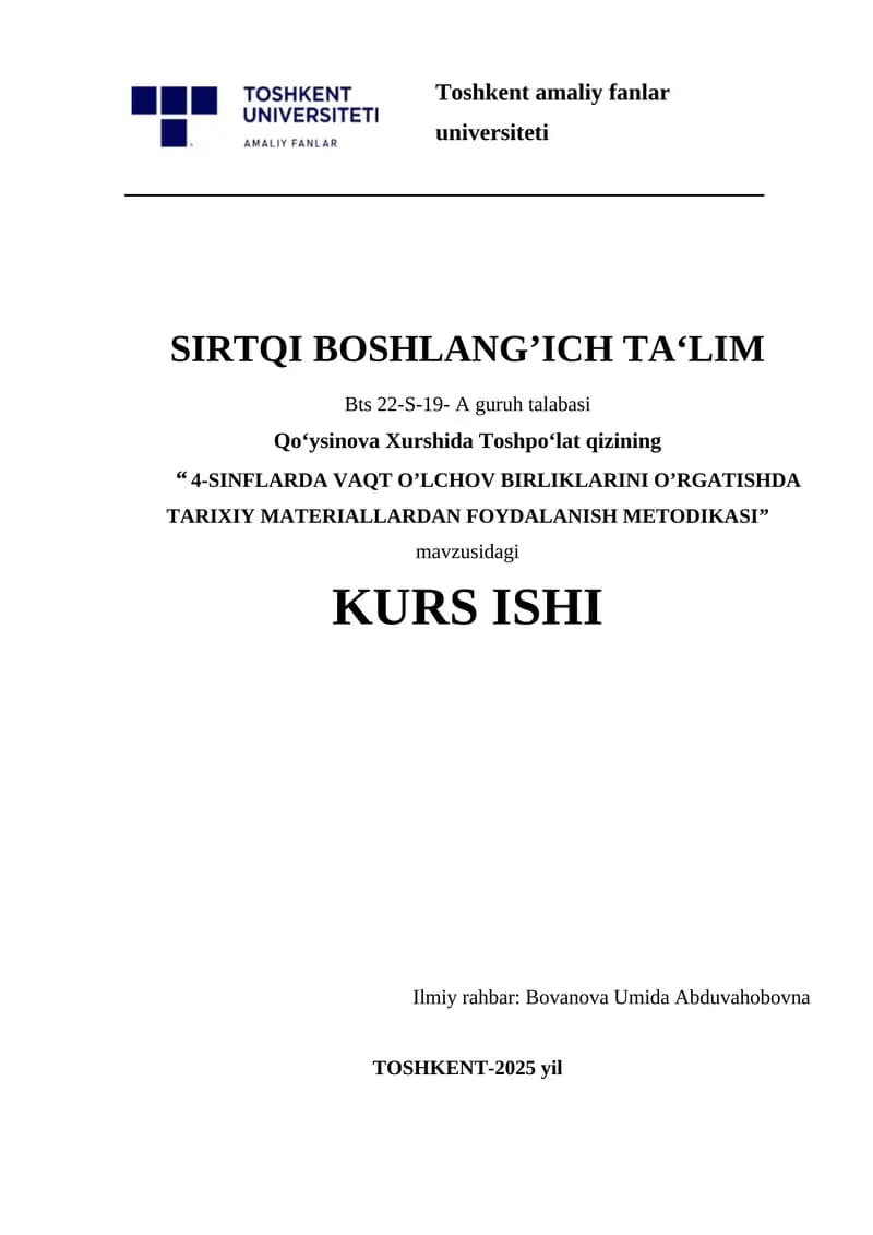 “ 4-SINFLARDA VAQT O’LCHOV BIRLIKLARINI O’RGATISHDA TARIXIY MATERIALLARDAN FOYDALANISH METODIKASI.docx