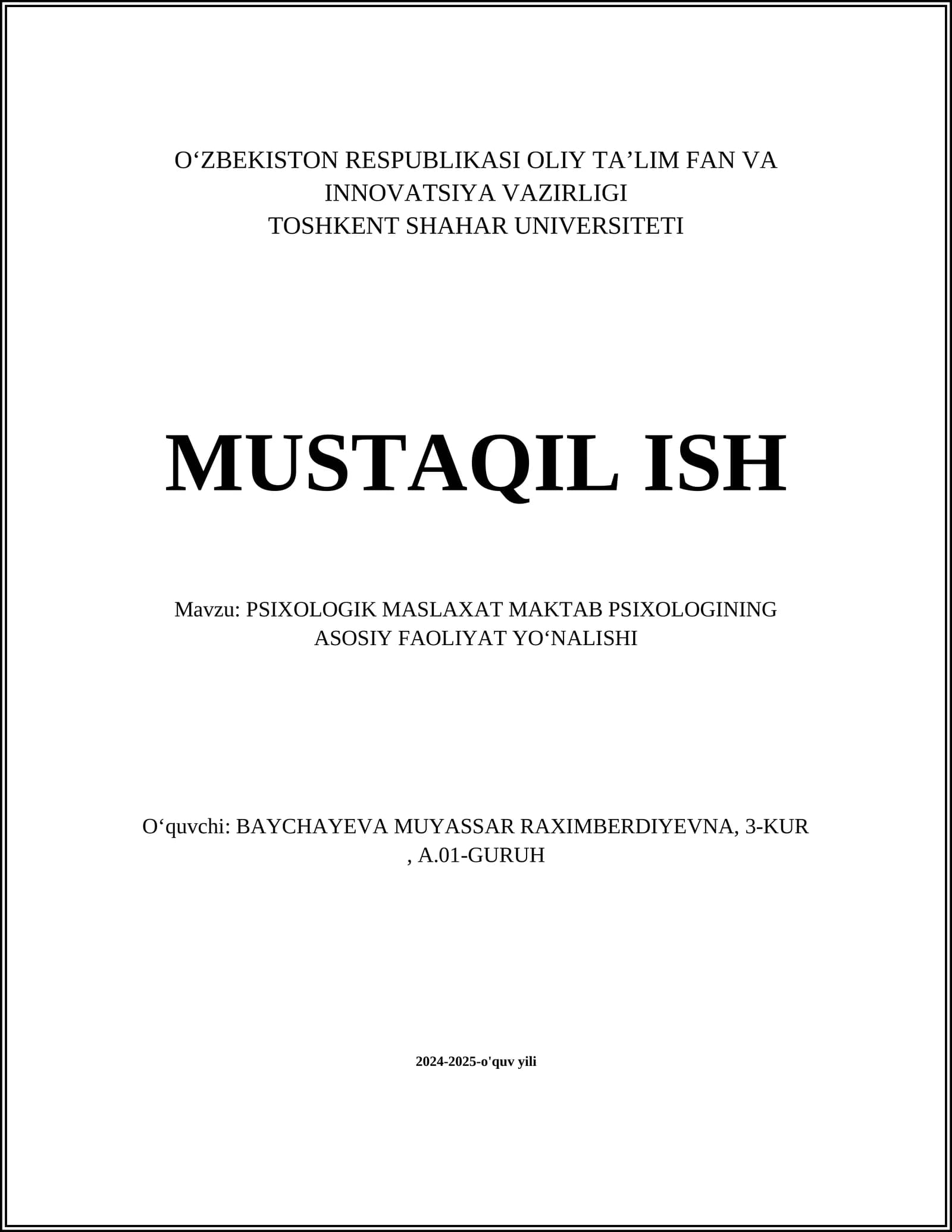 PSIXOLOGIK MASLAXAT MAKTAB PSIXOLOGINING ASOSIY FAOLIYAT YOʻNALISHI