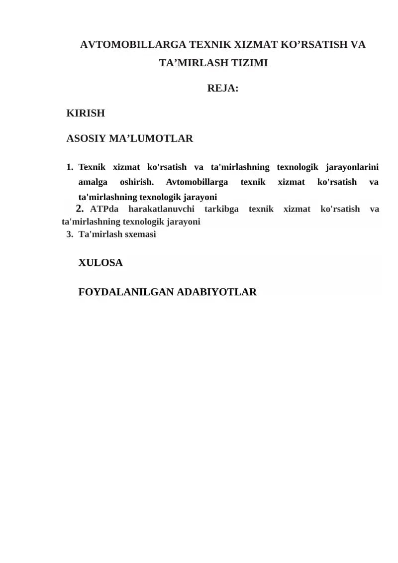 AVTOMOBILLARGA TEXNIK XIZMAT KO’RSATISH VA TA’MIRLASH TIZIMI