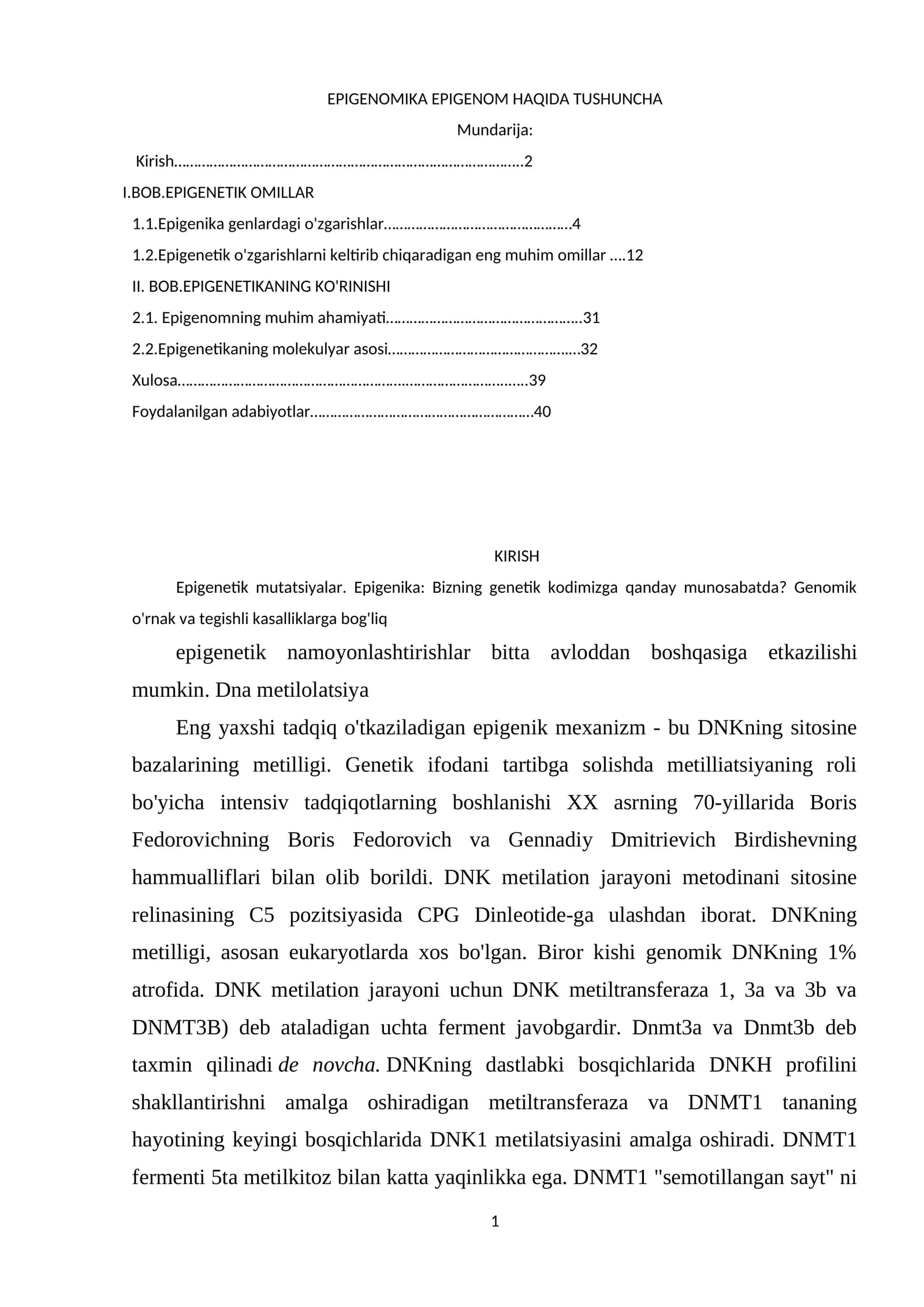 EPIGENOMIKA EPIGENOM HAQIDA TUSHUNCHA