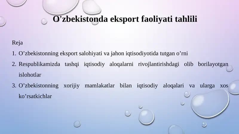 O'zbekistonda eksport faoliyati tahlili