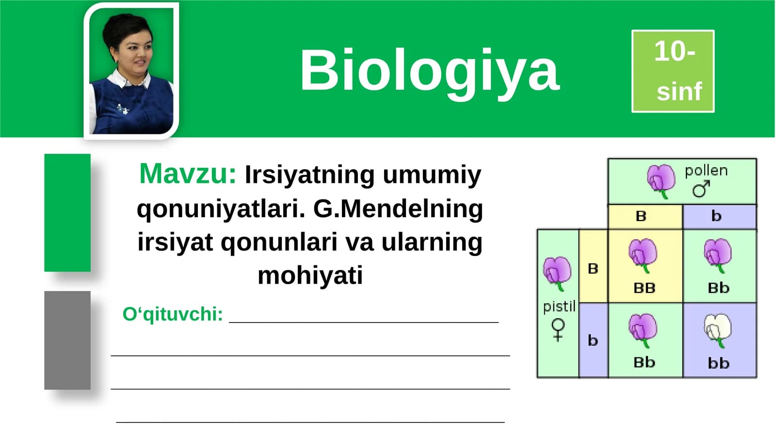 10-sinf Biologiya fanidan Irsiyat qonuniyatlari dars taqdimoti