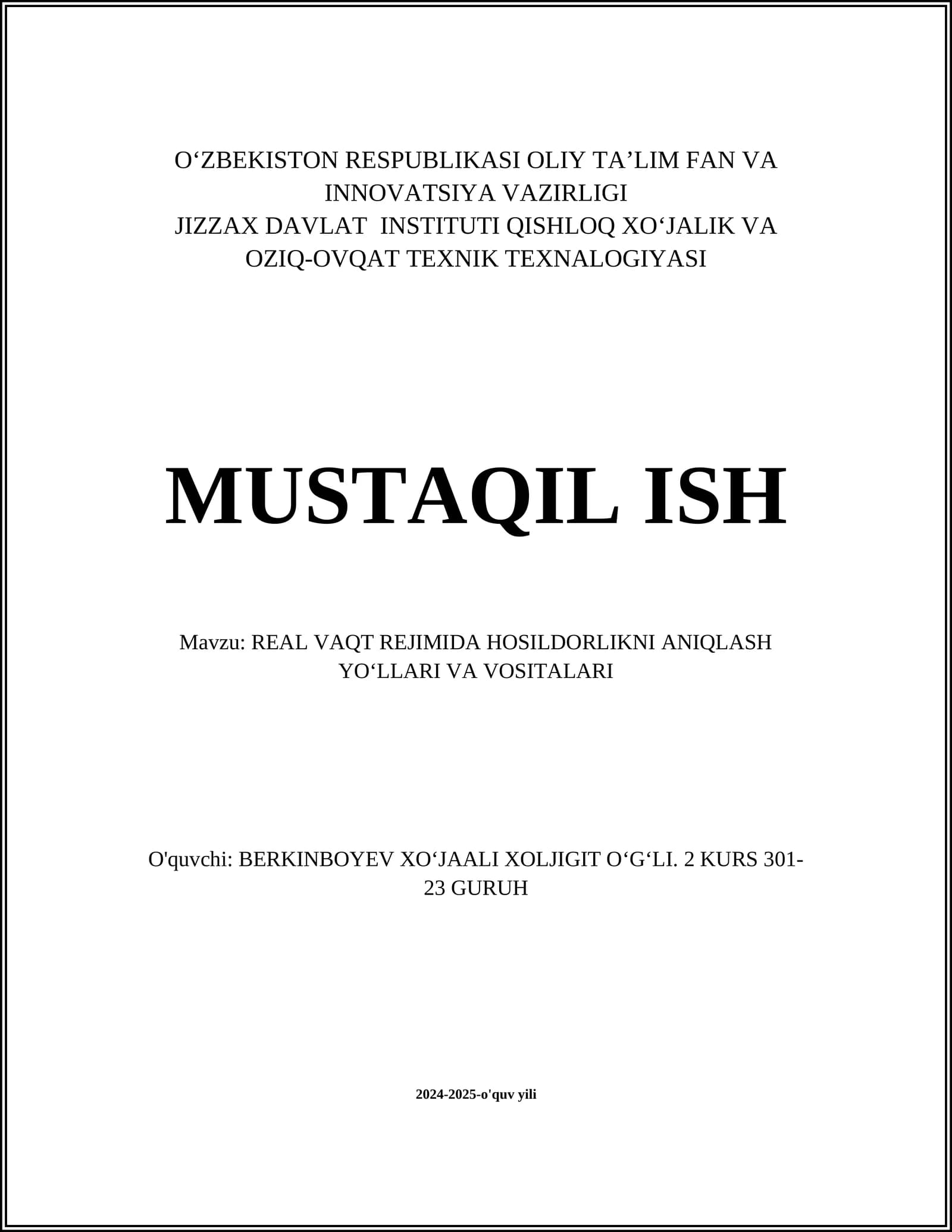 REAL VAQT REJIMIDA HOSILDORLIKNI ANIQLASH YOʻLLARI VA VOSITALARI