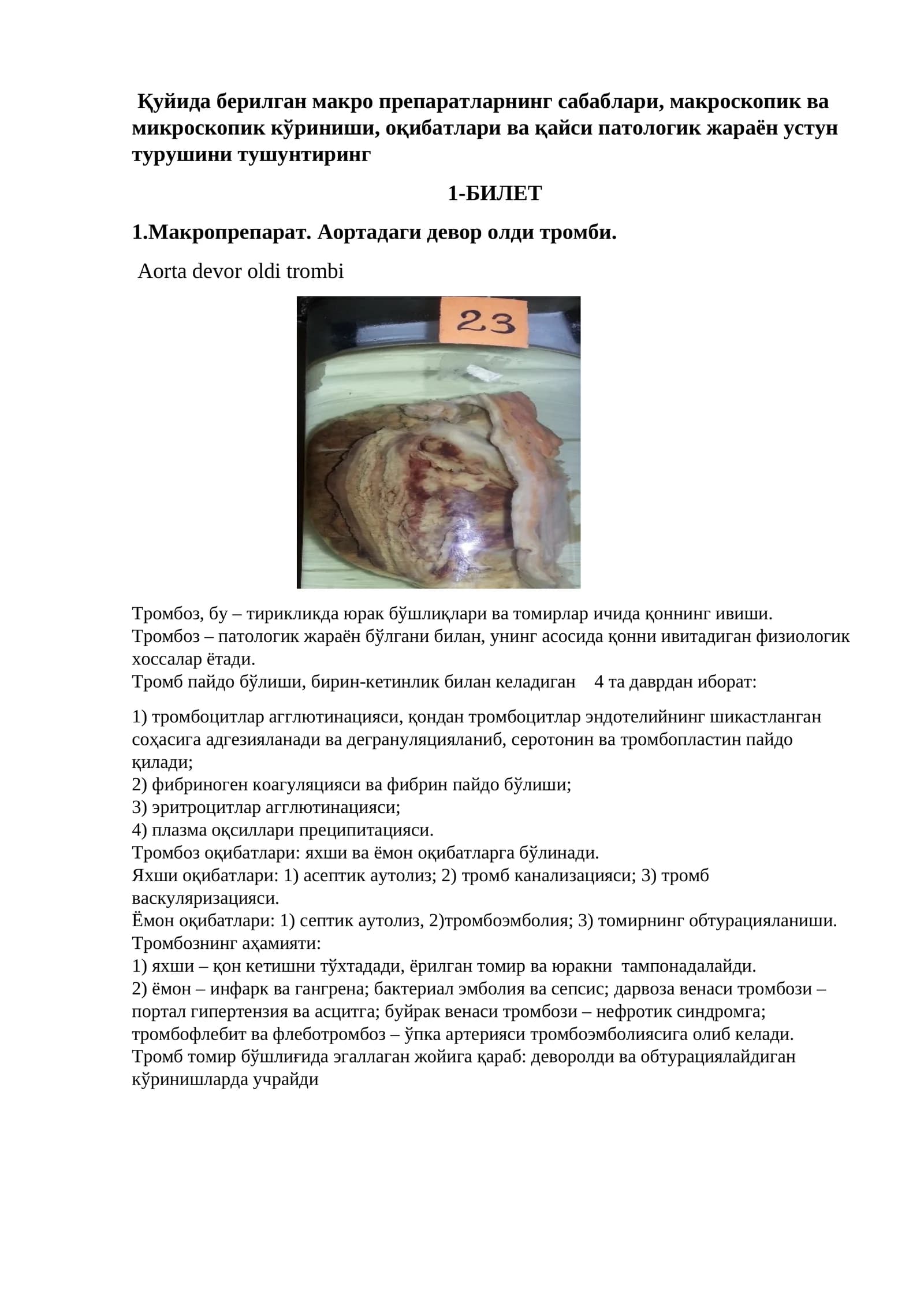 Аортадаги девор олди тромби