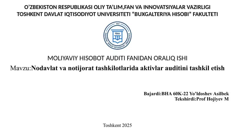 Nodavlat va notijorat tashkilotlarida aktivlar auditini tashkil etish
