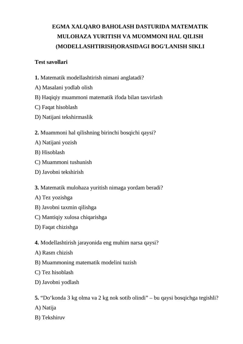EGMA XALQARO BAHOLASH DASTURIDA MATEMATIK MULOHAZA YURITISH VA MUOMMONI HAL QILISH (MODELLASHTIRISH) ORASIDAGI BOG'LANISH SIKLI