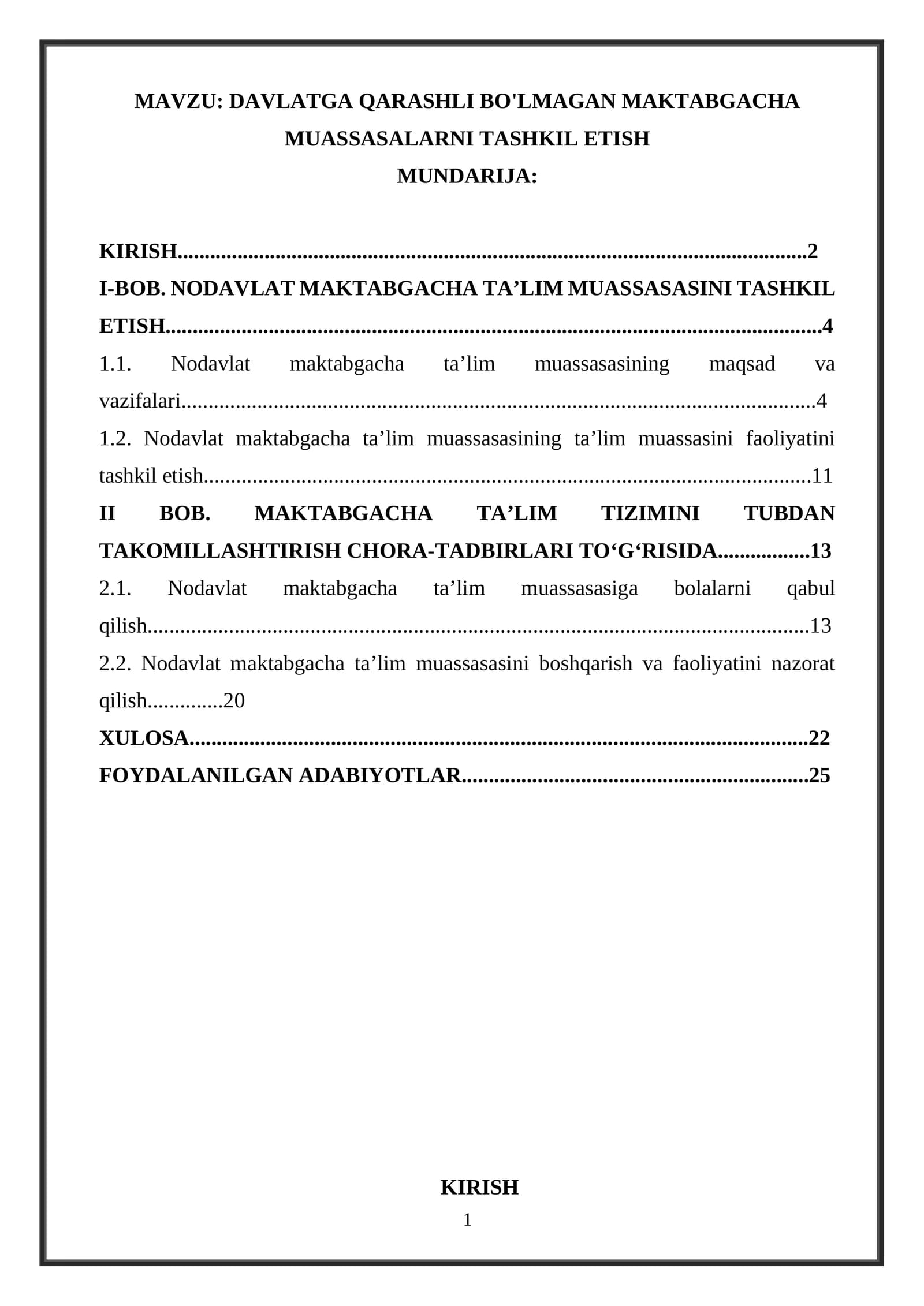 DAVLATGA QARASHLI BO'LMAGAN MAKTABGACHA MUASSASALARNI TASHKIL ETISH