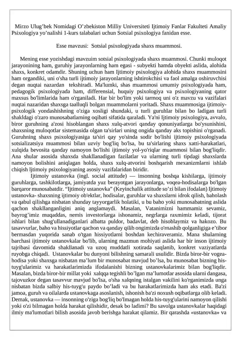 1-2-kurslar uchun sotsial psixologiya fanidan esse