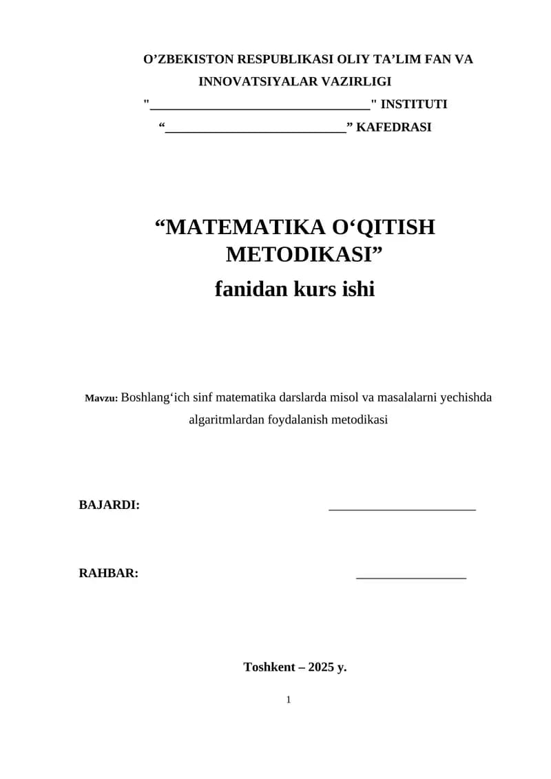 Boshlang‘ich sinf matematika darslarda misol va masalalarni yechishda algoritmlardan foydalanish metodikasi