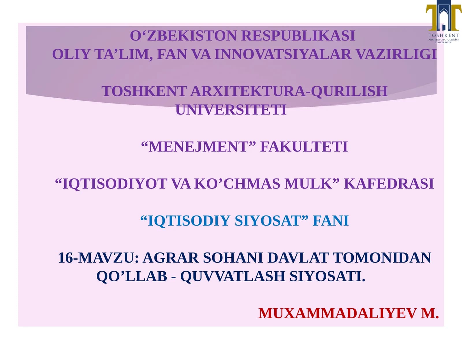 Agrar Sohani Davlat Tomonidan Qo’llab - Quvvatlash Siyosati