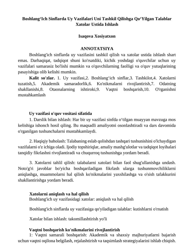 BoshlangʻIch Sinflarda Uy Vazifalari Uni Tashkil Qilishga QoʻYilgan Talablar Xatolar Ustida Ishlash