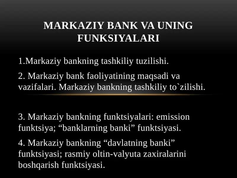 MARKAZIY BANK VA UNING FUNKSIYALARI