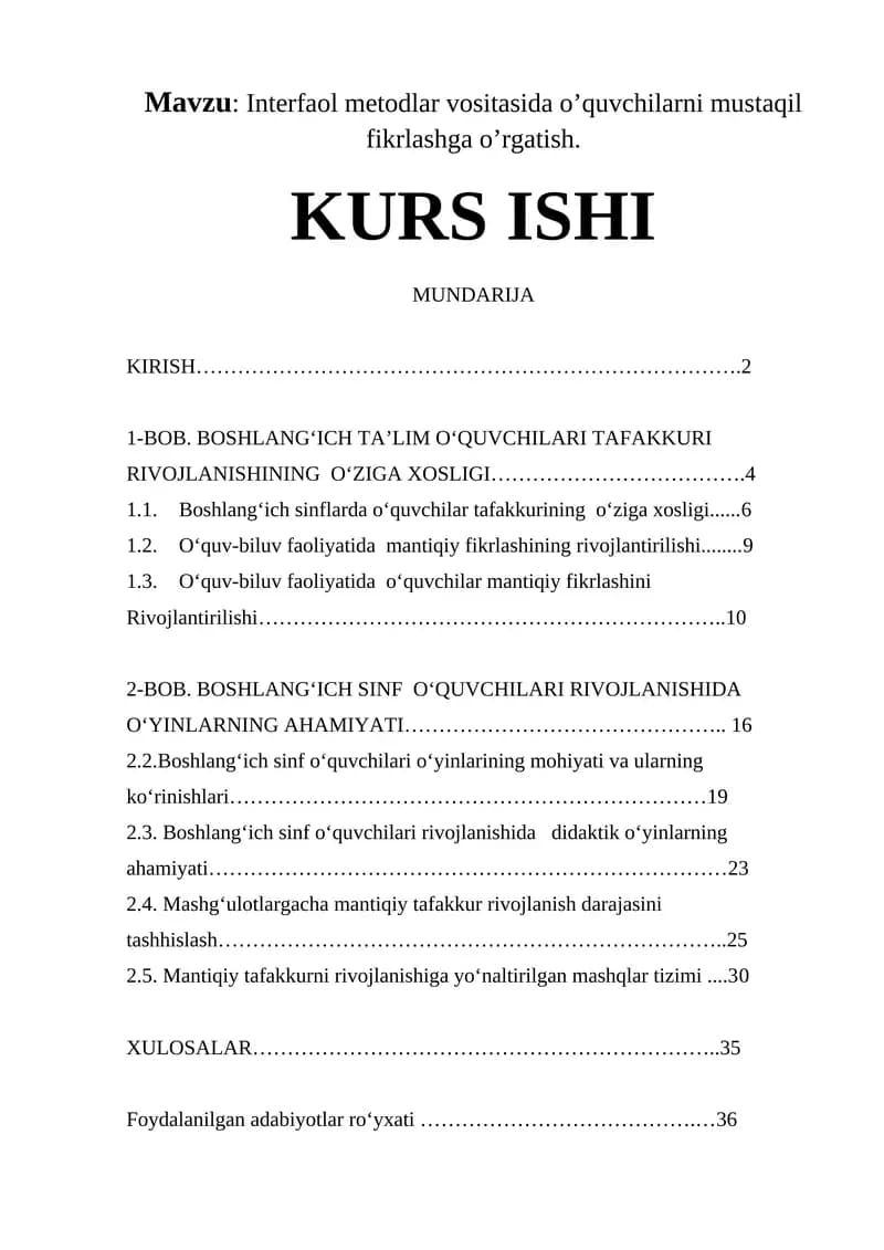 Interfaol metodlar vositasida o’quvchilarni mustaqil fikrlashga o’rgatish