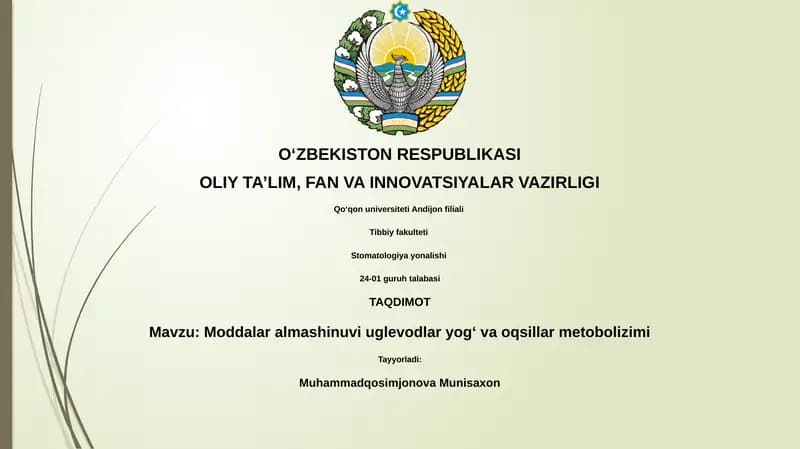 Moddalar almashinuvi uglevodlar yogʻ va oqsillar metobolizimi