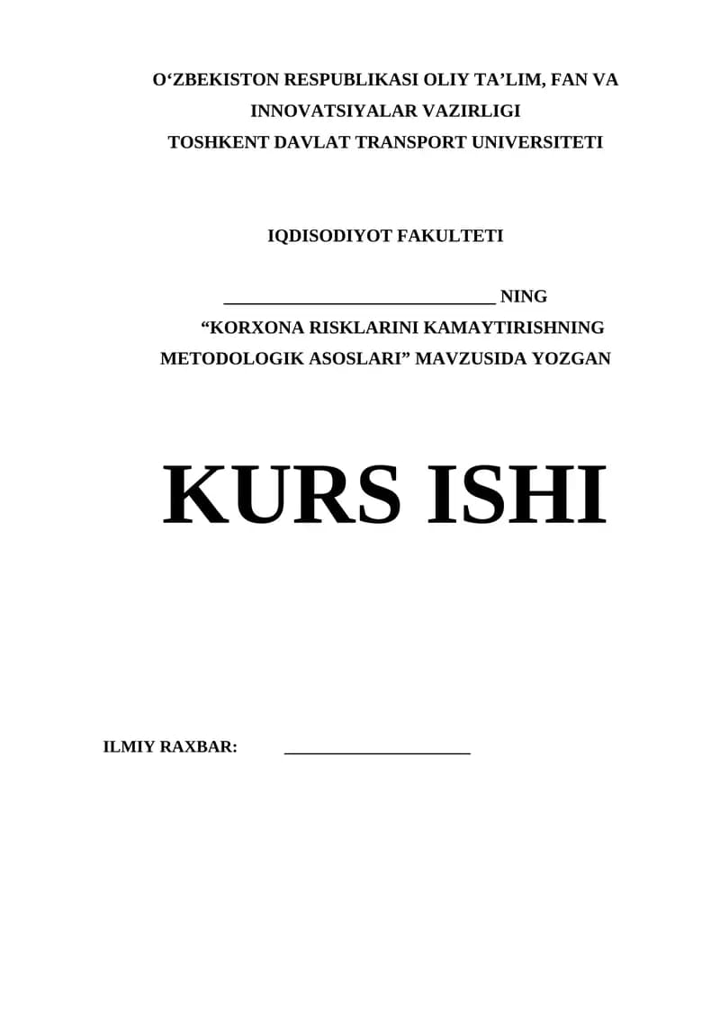 KORXONA RISKLARINI KAMAYTIRISHNING METODOLOGIK ASOSLARI