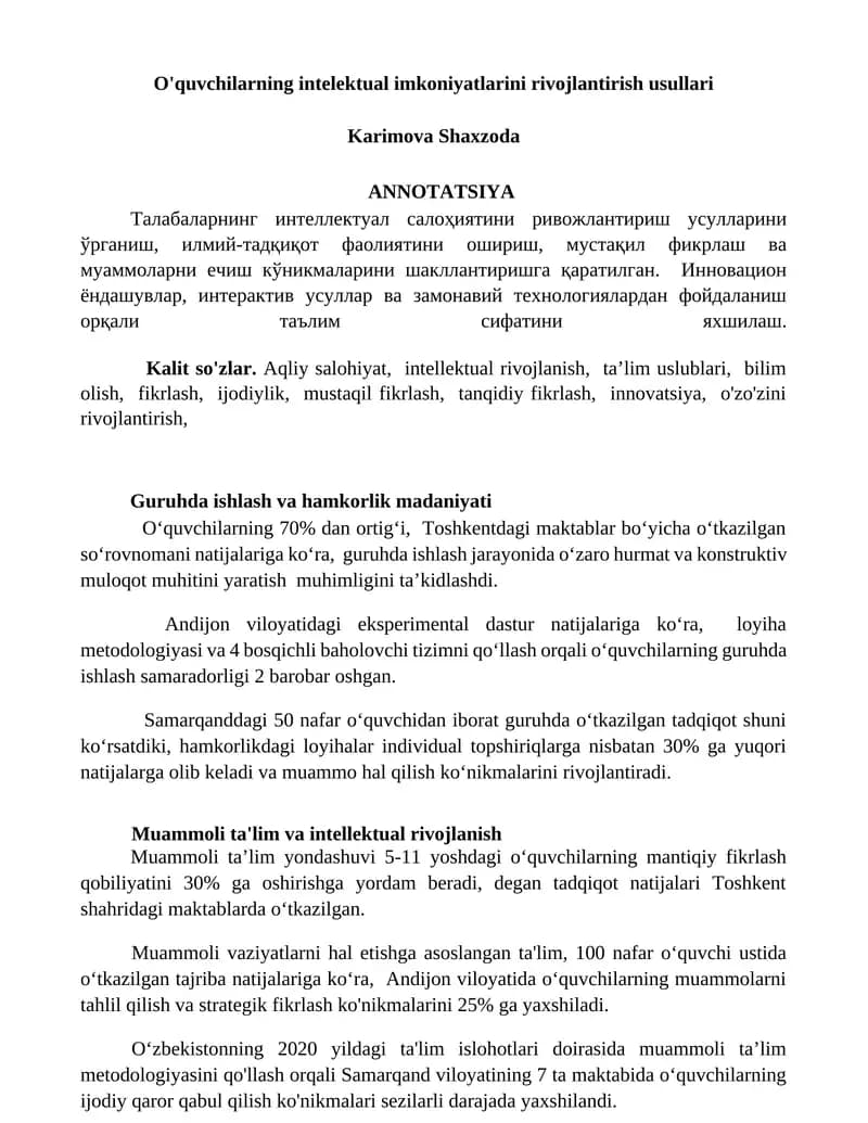 O'quvchilarning intelektual imkoniyatlarini rivojlantirish usullari