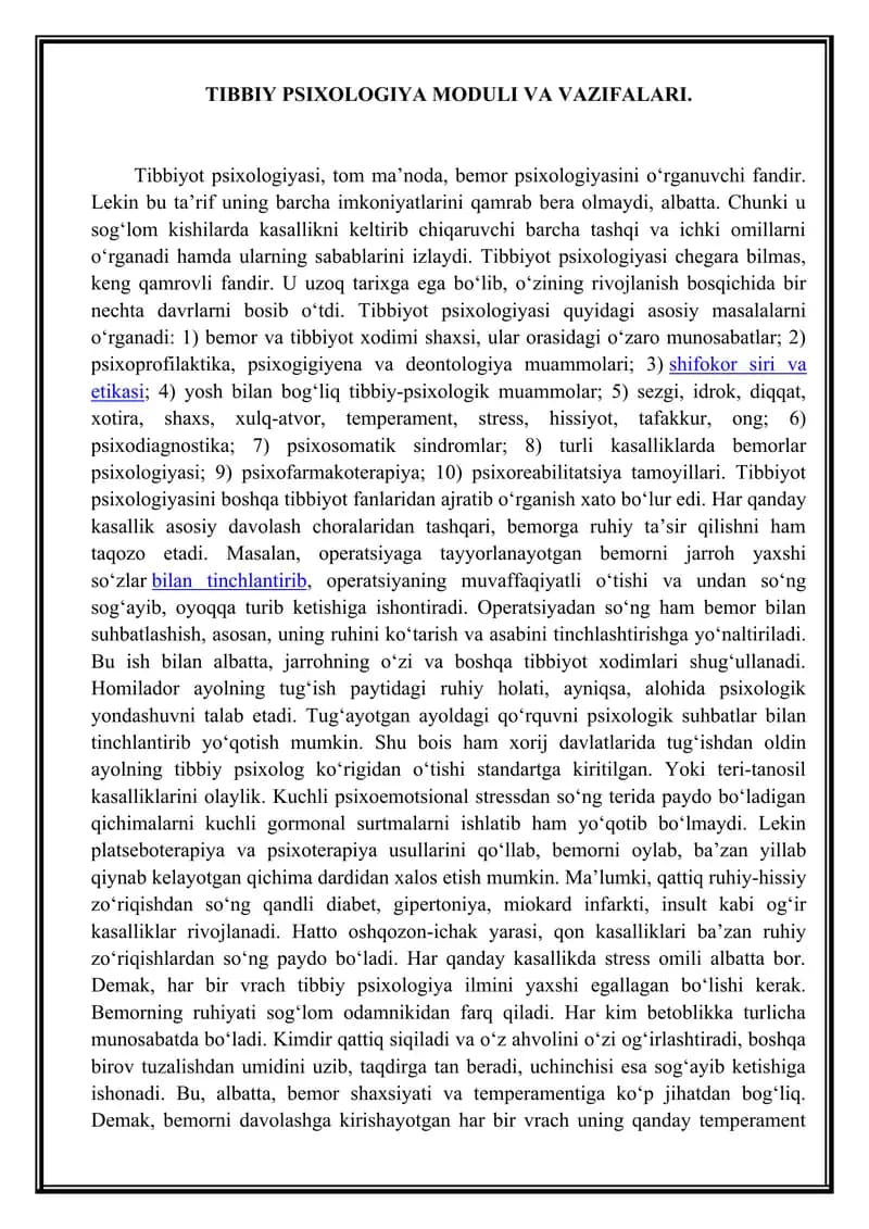 Tibbiy Psixologiya moduli va vazifalari