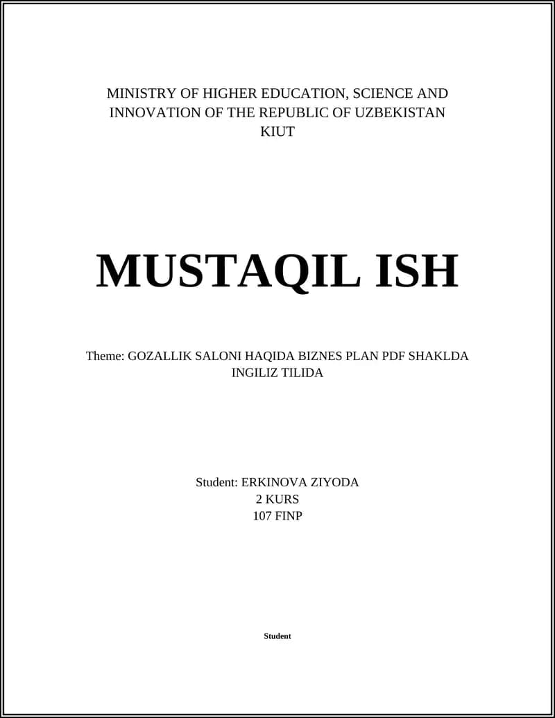 GOZALLIK SALONI HAQIDA BIZNES PLAN PDF SHAKLDA INGILIZ TILIDA