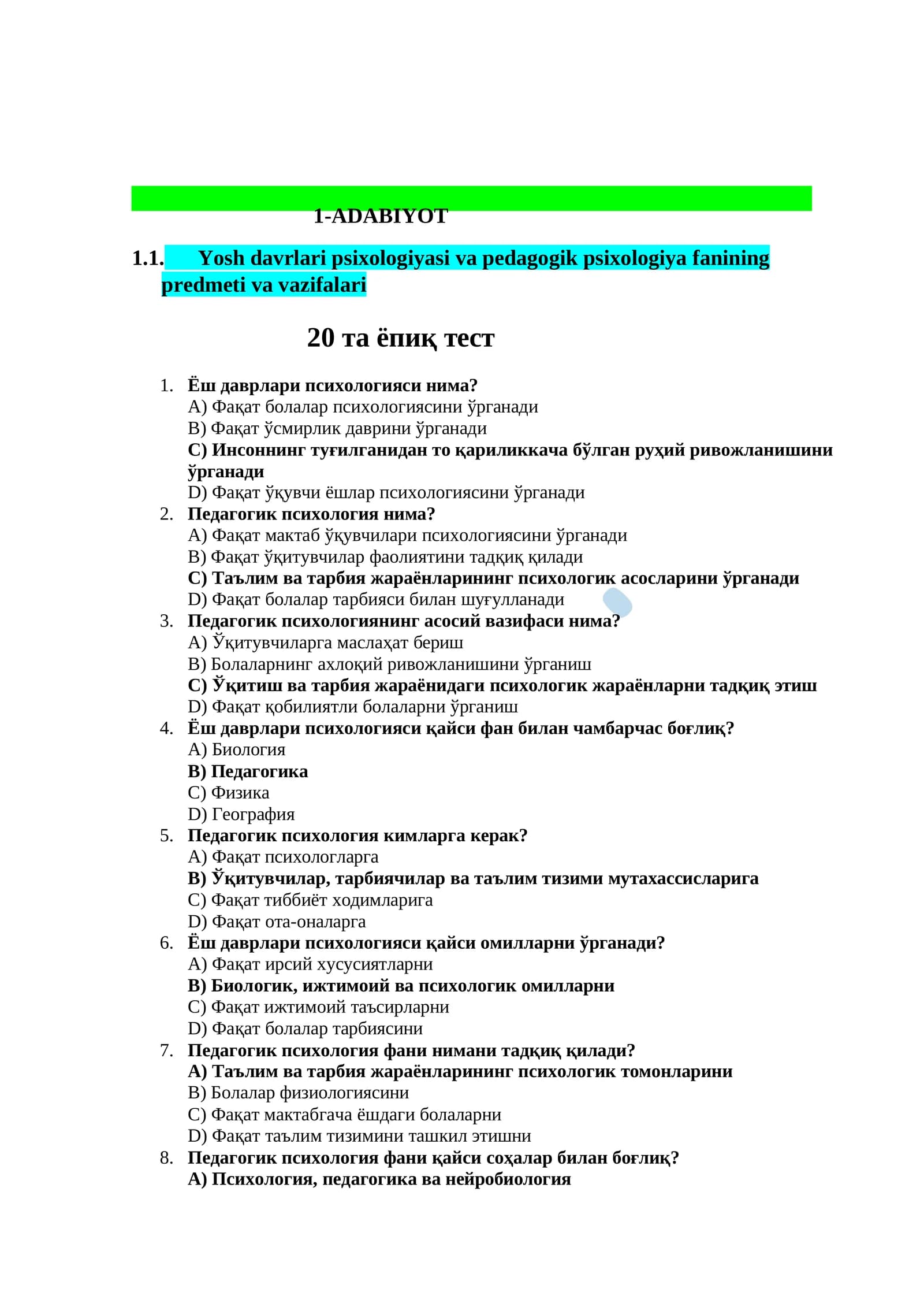 Yosh davrlari psixologiyasi va pedagogik psixologiya fanining predmeti va vazifalari