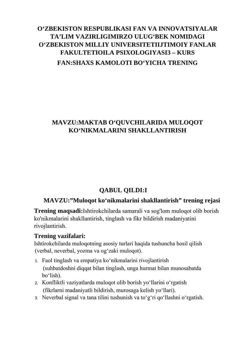 MAKTAB O‘QUVCHILARIDA MULOQOT  KO‘NIKMALARINI SHAKLLANTIRISH