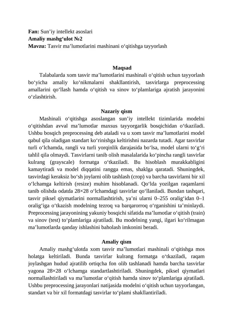 Tasvir ma’lumotlarini mashinani o‘qitishga tayyorlash