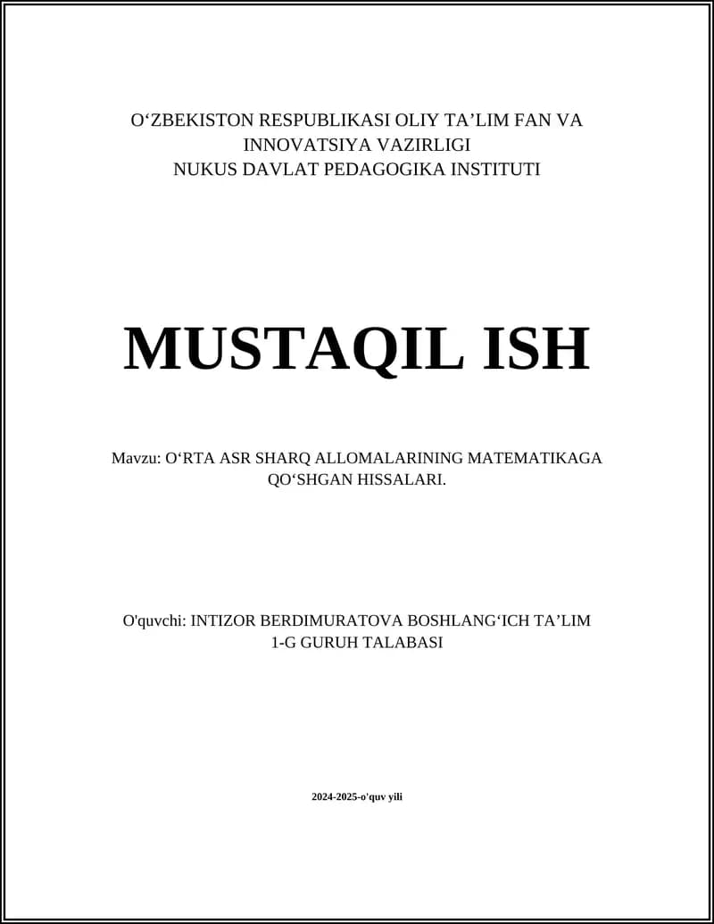 Al-Khwarizmiyning algebra faniga qoʻshgan hissasi