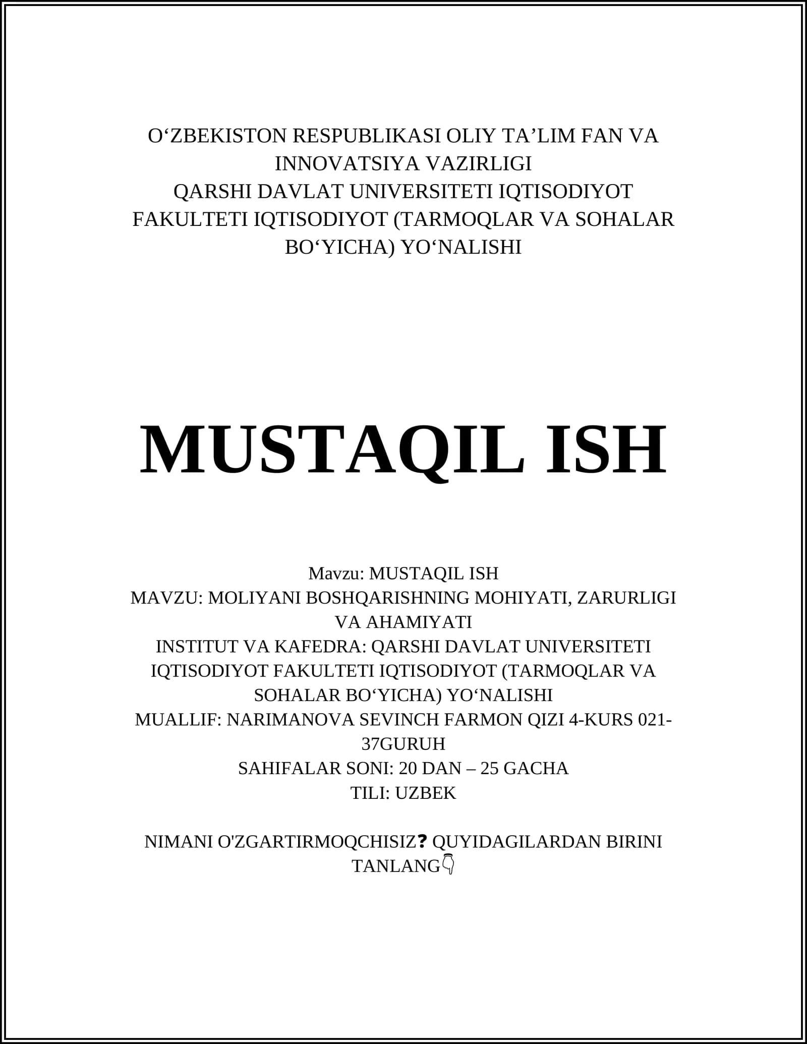 MOLIYANI BOSHQARISHNING MOHIYATI, ZARURLIGI VA AHAMIYATI