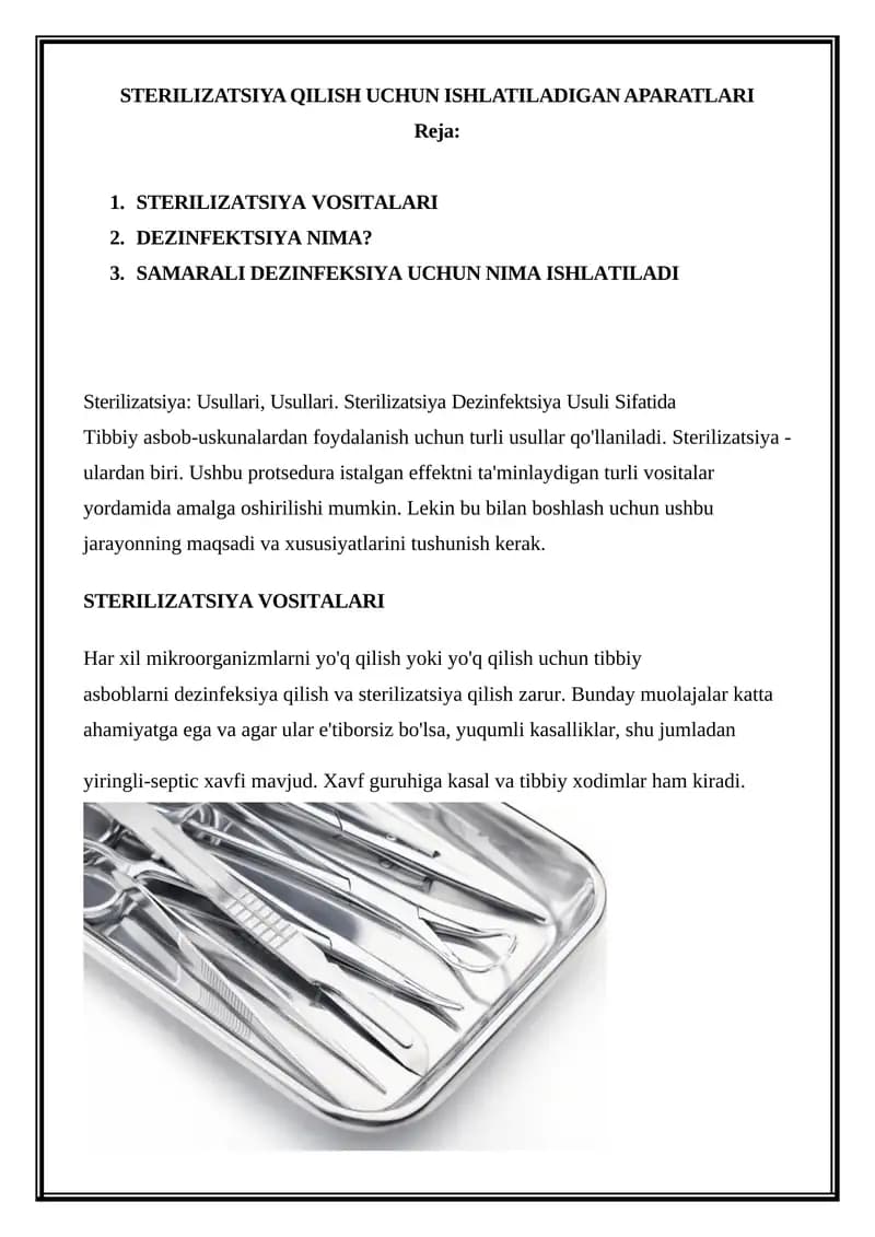 STERILIZATSIYA QILISH UCHUN ISHLATILADIGAN APARATLARI