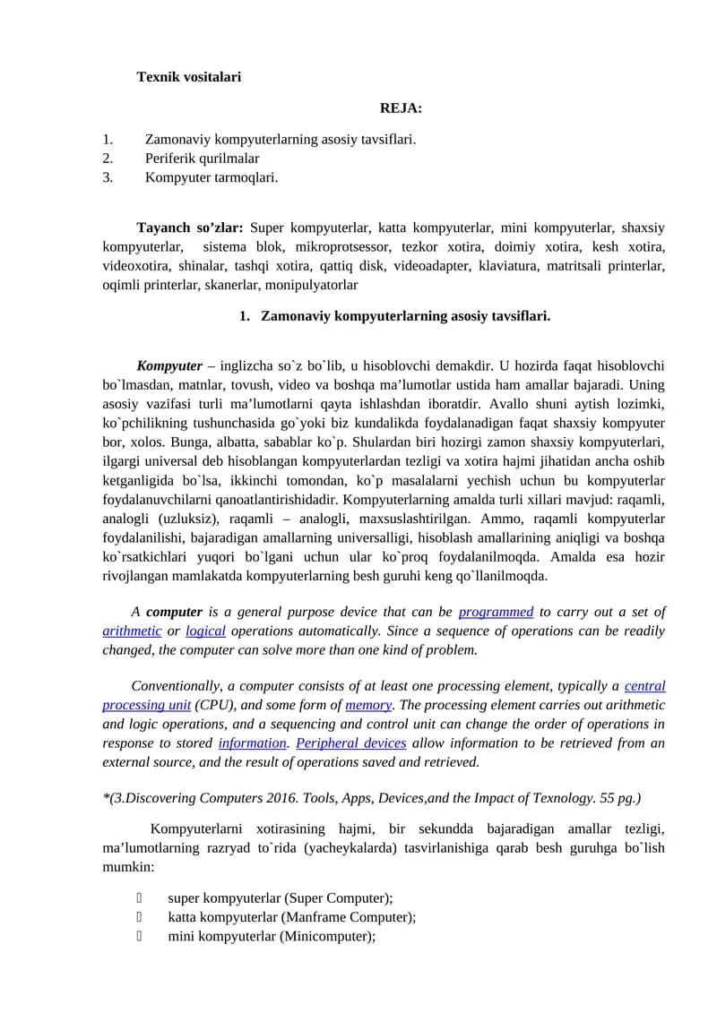 Zamonaviy kompyuterlarning asosiy tavsiflari
