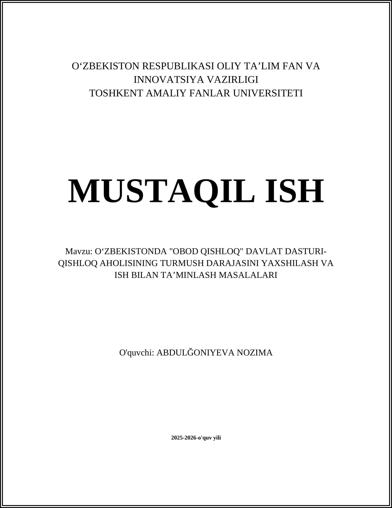 OʻZBEKISTONDA "OBOD QISHLOQ" DAVLAT DASTURI-QISHLOQ AHOLISINING TURMUSH DARAJASINI YAXSHILASH VA ISH BILAN TAʼMINLASH MASALALARI