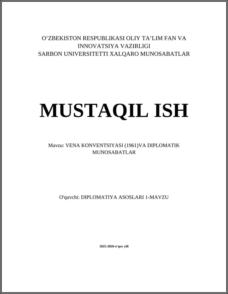 VENA KONVENTSIYASI (1961)VA DIPLOMATIK MUNOSABATLAR
