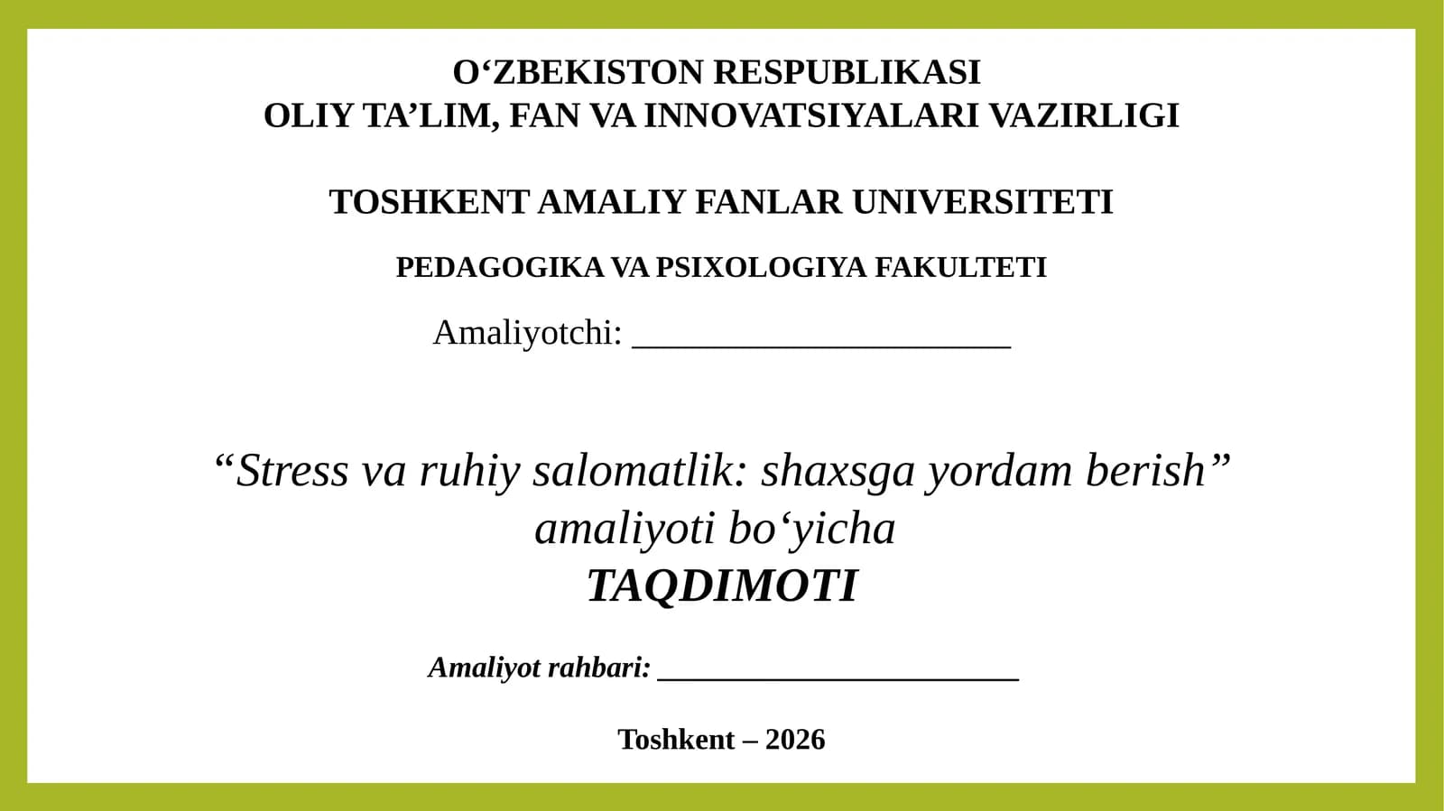 Stress va ruhiy salomatlik shaxsga yordam berish