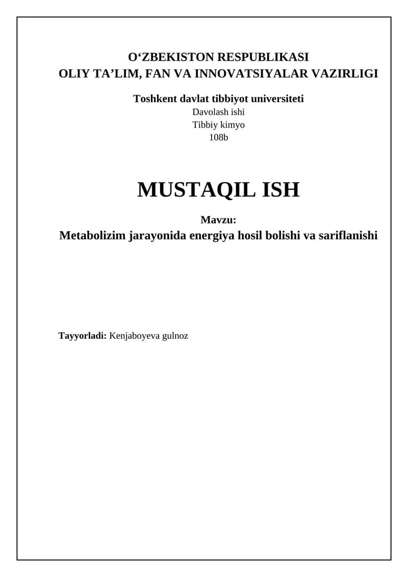 Metabolizm va energiya ishlab chiqarish
