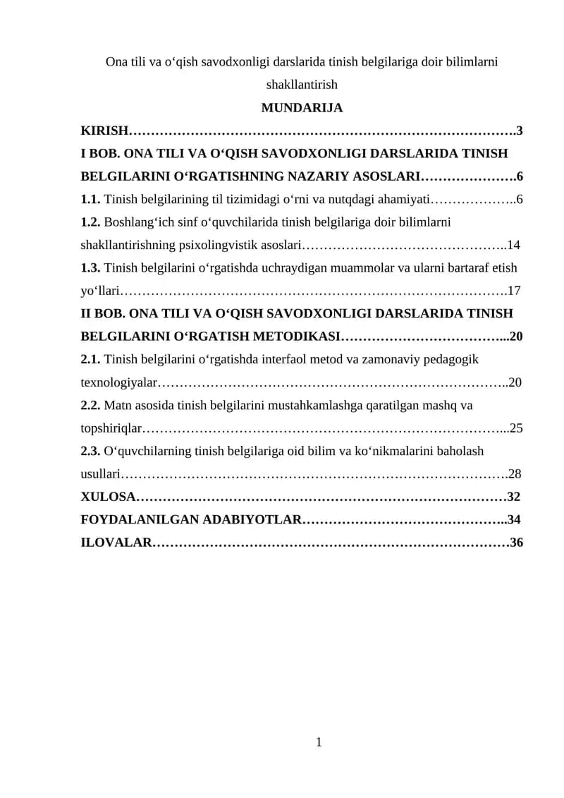 Ona tili va o‘qish savodxonligi darslarida tinish belgilariga doir bilimlarni shakllantirish