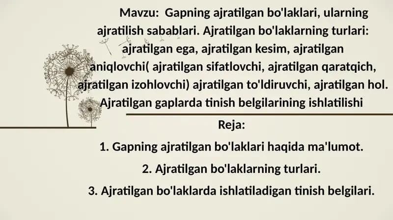 Gapning ajratilgan bo'laklari, ularning ajratilish sabablari. Ajratilgan bo'laklarning turlari