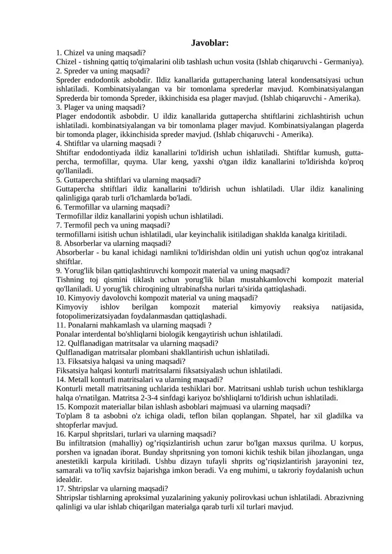 Stomatologik asboblar haqida savol-javoblar