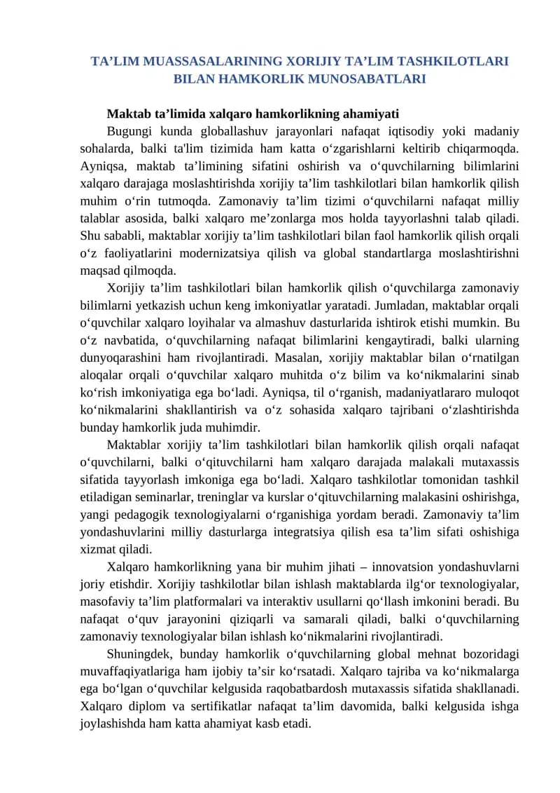 Xorijiy ta’lim tashkilotlari bilan hamkorlik munosabatlari