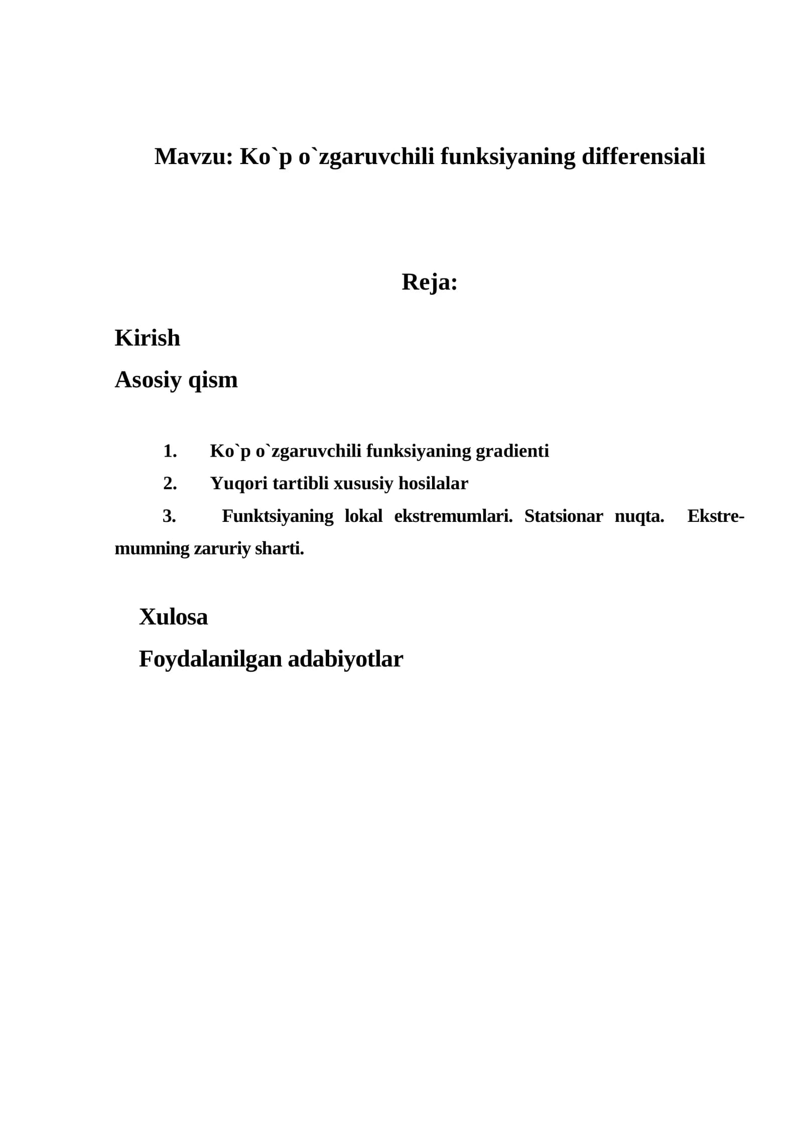 Ko`p o`zgaruvchili funksiyaning differensiali