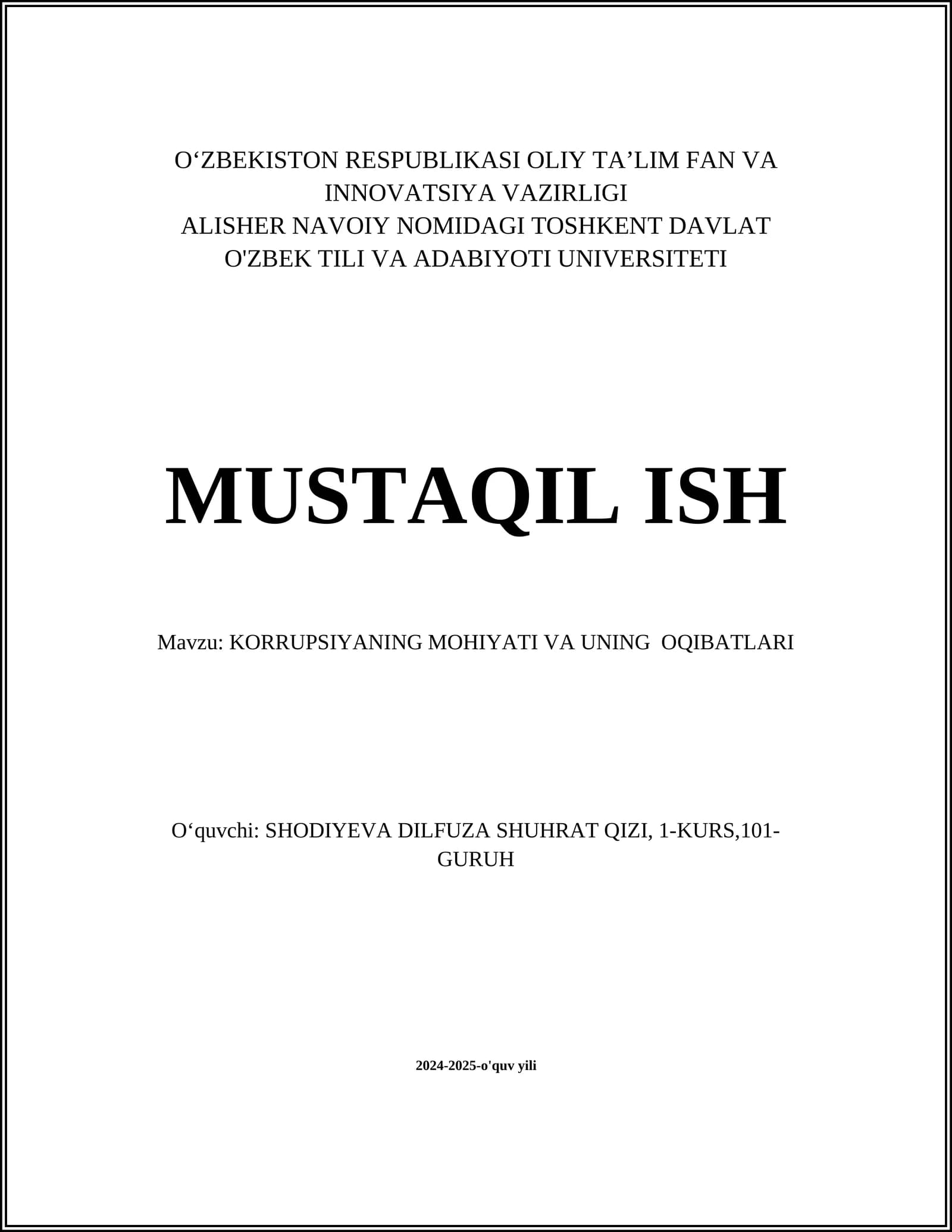 KORRUPSIYANING MOHIYATI VA UNING OQIBATLARI