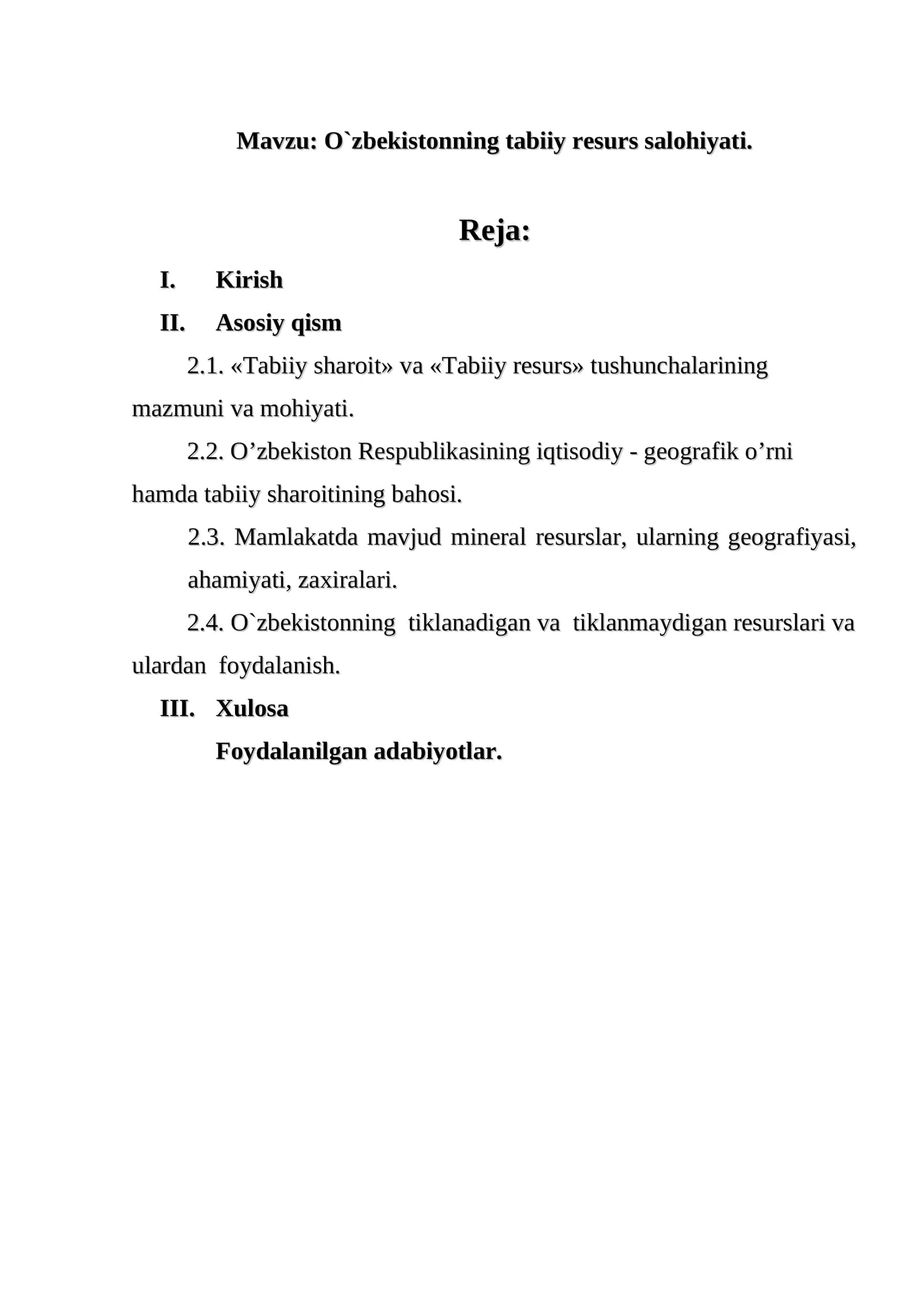 O`zbekistonning tabiiy resurs salohiyati