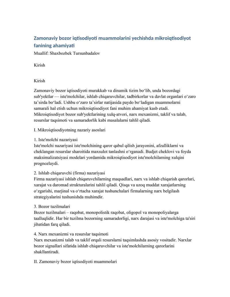 Zamonaviy bozor iqtisodiyoti muammolarini yechishda mikroiqtisodiyot fanining ahamiyati