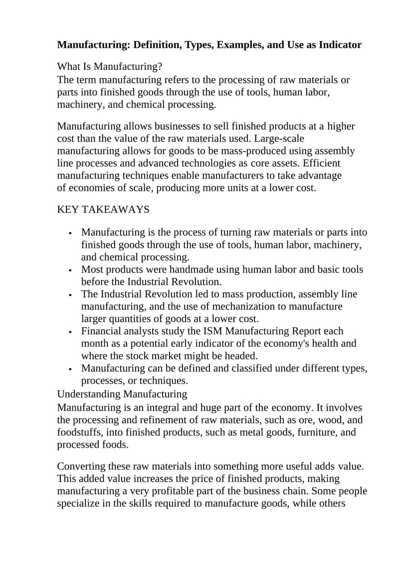 Manufacturing: Definition, Types, Examples, and Use as Indicator