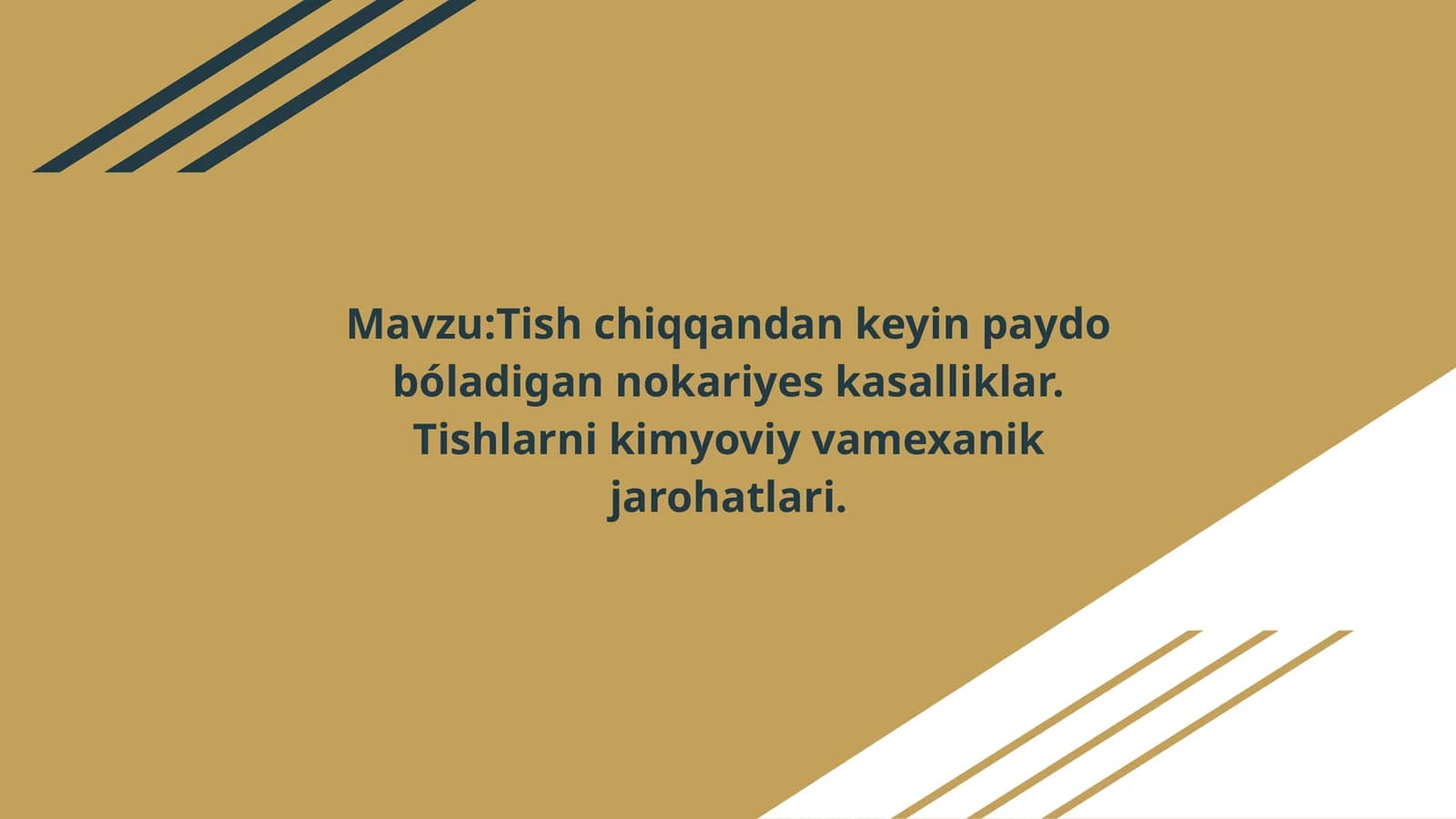Tish chiqqandan keyin paydo bóladigan nokariyes kasalliklar. Tishlarni kimyoviy vamexanik jarohatlari