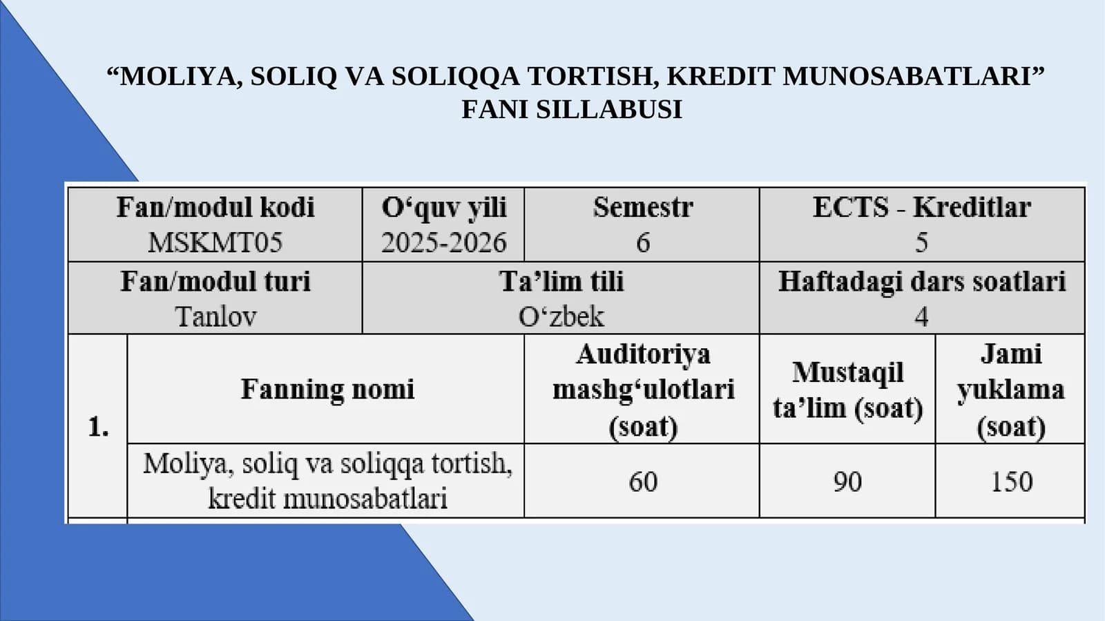 “Moliya, Soliq va Soliqqa Tortish, Kredit Munosabatlari”Fani Sillabusi