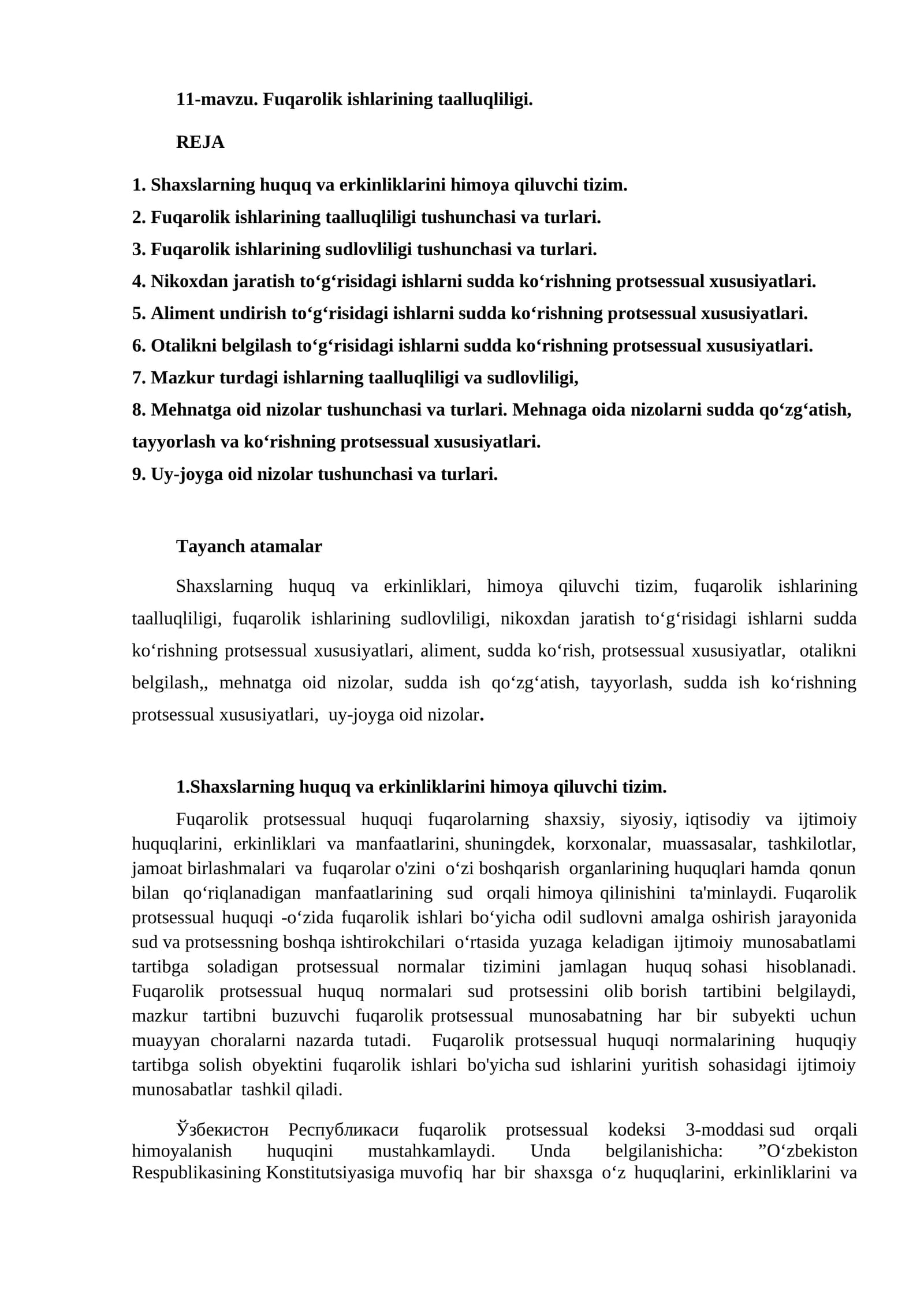 11-mavzu. Fuqarolik ishlarining taalluqliligi