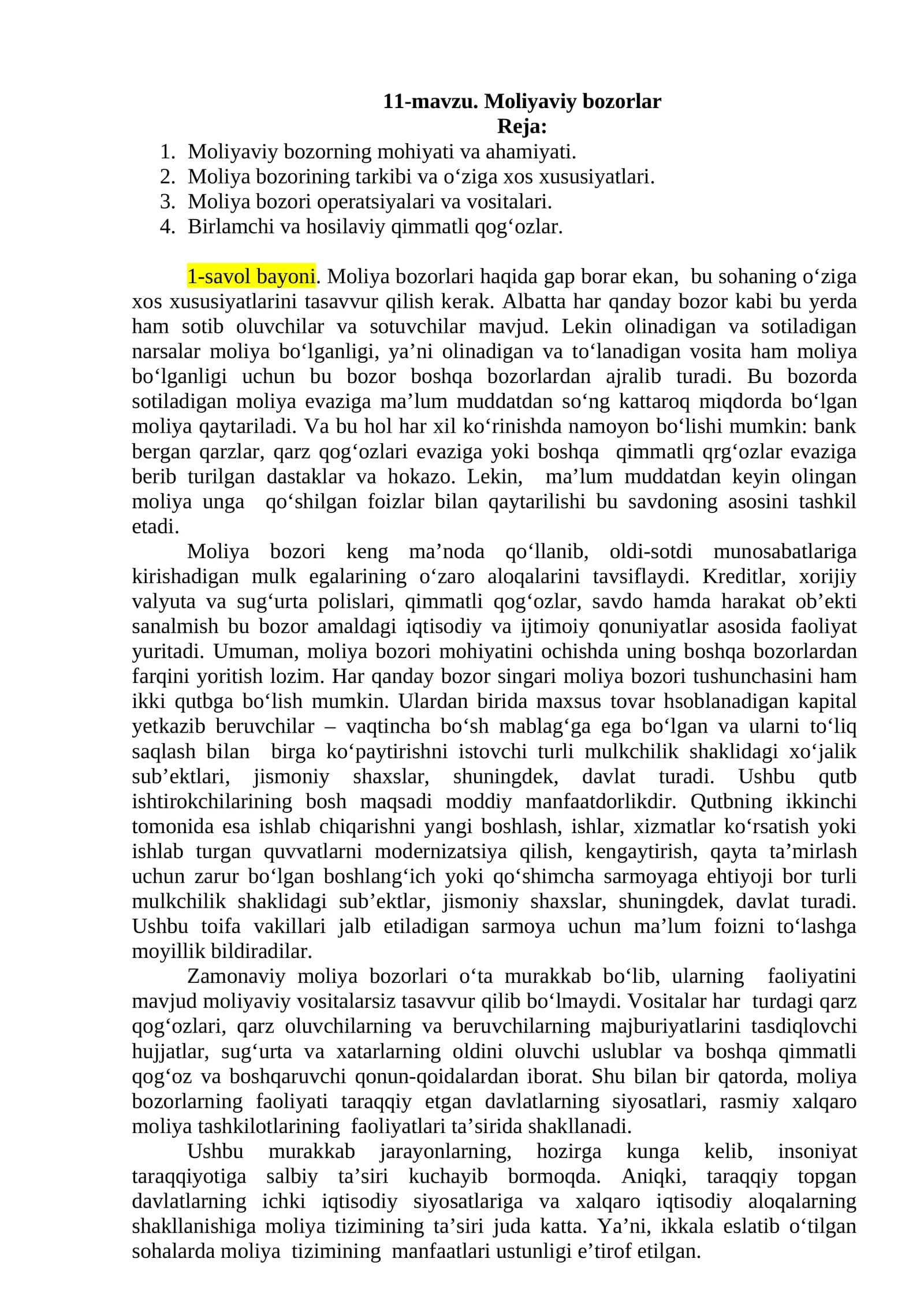 Moliyaviy bozorlar