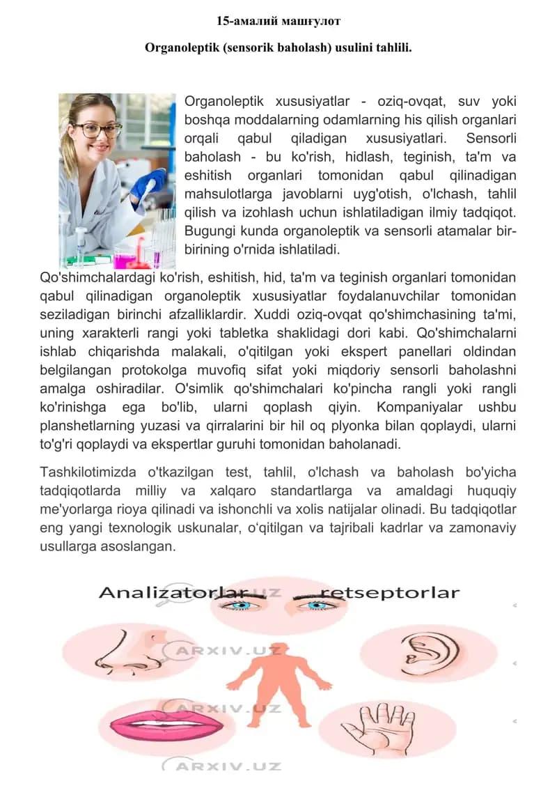 Organoleptik (sensorik baholash) usulini tahlili